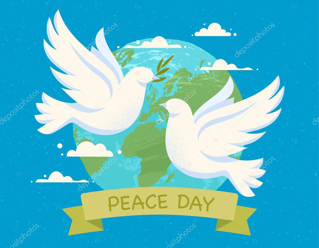 International peace day. Holiday and event, two doves on background of Earth. Greeting card, poster or banner for website. Metaphor of freedom, care and love. Cartoon flat vector illustration
