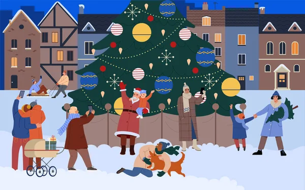 Happy Christmas Night Cheerful People Families Children Couples Next Christmas — Stockový vektor