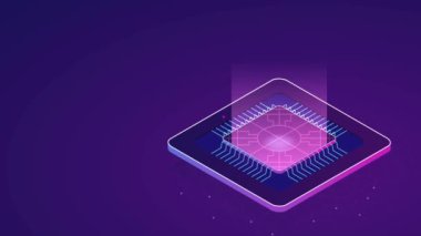 Yapay zeka video konsepti. Modern cihazlı bir poster, dijital çizgiler ve yapay zeka hologramı. Yenilikçi teknolojiler ve metaevren. Parlak şarjör. Isometric grafik çizgi film