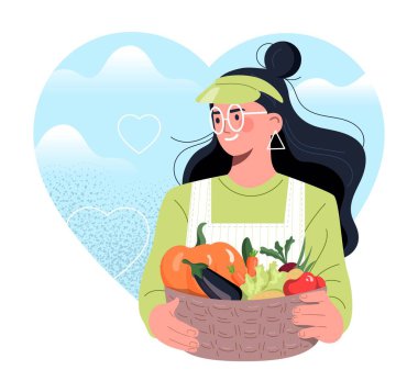 Çiftçiyle çiftlik yemeği. Taze ve doğal ürünleri olan bir kadın, sepet dolusu sebze. Hasat ve tarım metaforu. Havuç, balkabağı, domates ve lahana. Çizgi film düz vektör çizimi