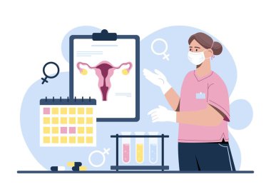 Jinekoloji kavramı. Doktor kadın üreme ve hormon sistemini inceliyor. Kimyasal ya da biyolojik araştırma, anatomi. Maskeli kız rahmi kontrol ediyor. Danışmanlık. Çizgi film düz vektör çizimi