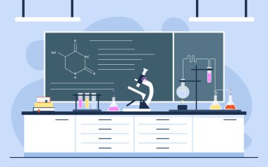 Chemical or biological laboratory. Place for scientific research or lessons at school or university. Test tubes with liquids, reagents and substances and microscope. Cartoon flat vector illustration