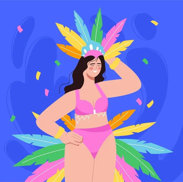 Conceito Carnaval Brasileiro Mulher Penas Rosa Verdes Brilhantes Traje Tradicional —  Vetores de Stock