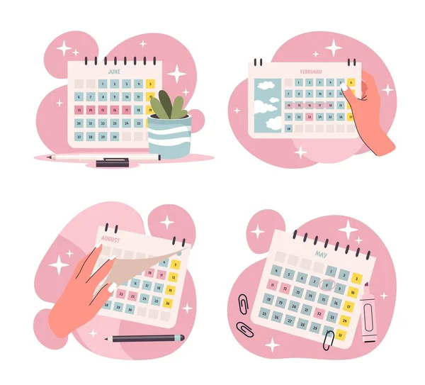 Naive Calendar Stickers Collection Scene Diary Planning Scheduling Time Management — Archivo Imágenes Vectoriales