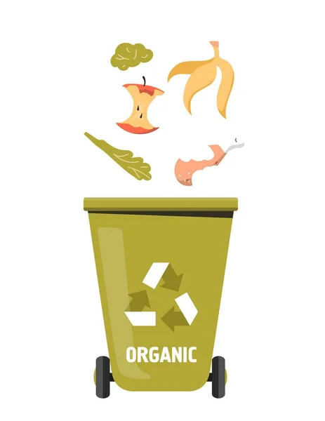 Trash Can Food Waste Sorting Concept Green Container Apple Core — Vector de stock