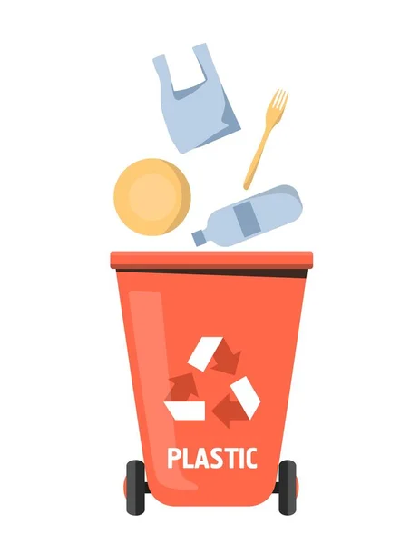 Trash Can Plastic Waste Sorting Concept Red Container Bottle Bag — Vetor de Stock