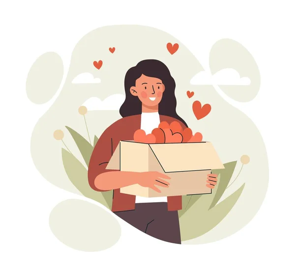 Humanitarian day concept. Happy woman with box of hearts. Metaphor of donations and charity. Help, love and support. Greeting postcard, international holidays. Cartoon flat vector illustration