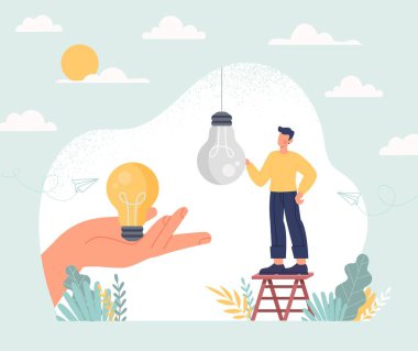 Yenilik kavramını değiştir. İnsan ampulü değiştirir, yaratıcı kişide anlayış, yeni fikir, iş çözümü. Başarılı beyin fırtınası, yeni teknikler. Çizgi film düz vektör çizimi