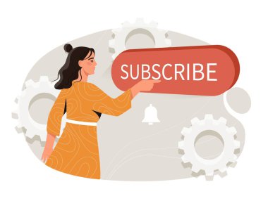 İnternet abonesi. Kadın üyelik düğmesine tıklıyor, sosyal ağlardaki kullanıcı içeriği derecelendiriyor. Uygun hizmet, modern teknolojiler ve dijital dünya. Çizgi film düz vektör çizimi