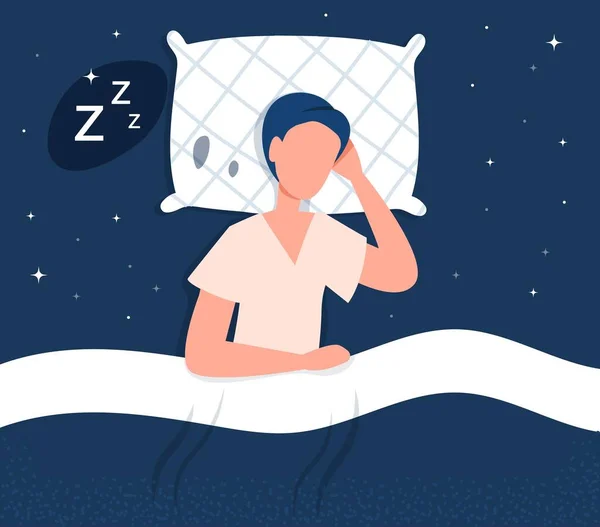 Deep Sleep Concept Man Lies Pillow Night Background Stars Imagination — Vettoriale Stock