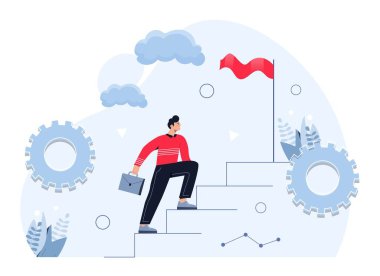 Task in progress. Man goes up stairs to red flag. Hardworking and motivated employee. Goal setting and leadership, planning, vision and strategy development. Cartoon flat vector illustration