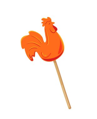 Orange lollipop cockerel. Sweets and delicacies, dessert, tasty but junk food, pastry. Symbol of winter holidays, christmas and new year. Social media sticker. Cartoon flat vector illustration