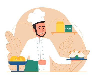 Şekerlemeli fırın. Erkek pasta şefi elinde taze keklerle tepsiyi tutuyor. Masada bir tabak kruvasan var. Fırın reklamı için tasarım elemanı. Çizgi film düz vektör çizimi