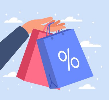 Alışveriş torbalarını tutan kadın. Mağazada indirimli mal satın alma. Ürünlü pembe ve mavi paket. Reklam afişi, müşteriler için özel teklif. Çizgi film düz vektör çizimi