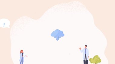 CO2 azaltma video konsepti. Hareketli erkek ve kadın bilim adamları doğayla ilgilenir ve iklim değişikliğini ve sera etkisini önler. Atmosfer kirliliği emisyonlarla oluşur. Düz grafik çizgi film