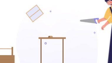 Mobilya montajı. Hareket eden erkek marangoz ya da zanaatkar elinde testereyle odun kesiyor. Karakter, ev için ahşap mobilya onarıyor ya da yaratıyor. Atölye ya da atölye. Düz grafik çizgi film