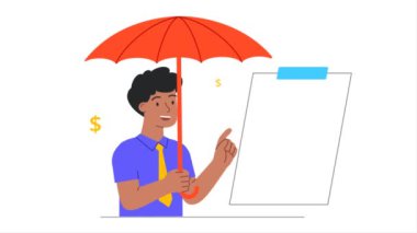 Sigorta ve koruma video konsepti. Taşıyıcı genç adam şemsiye tutuyor ve araba, sağlık ve ev veya gayrimenkul sigortası yaptırıyor. Mülk bakımı, sağlık ve risk azaltma. Düz grafik çizgi film