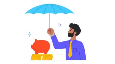 Sigorta ve koruma konsepti. Taşıyıcı erkek girişimci şemsiye tutuyor ve yatırımları koruyor veya mali riskleri azaltıyor. Emlak sigortası ve iflas kurtarma. Düz grafik çizgi film