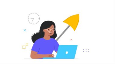 Sigorta ve koruma video konsepti. Taşınan kadın çalışan, büyük sarı şemsiye altında ofiste çalışıyor. Personel ya da iş sigortası için metafor. Karalama tarzında düz grafik çizgi film