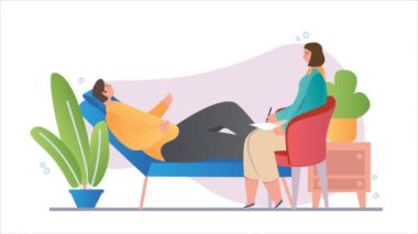 Psikoterapi danışma video konsepti. Duygusal çöküntüleri ve zihinsel rahatsızlıkları olan bir adam koltukta uzanıyor ve psikologla iletişim kuruyor. Depresyon. Gradyan grafik çizgi film