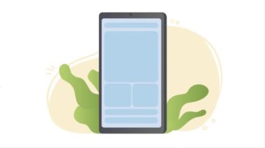 Uygulama geliştirme konsepti. Hareketli adam ve kadın büyük akıllı telefondan mobil uygulama oluşturun. Programcılar dijital ürünün parametrelerini ayarlar. Kullanılabilirlik testi. Grafik canlandırmalı çizgi film