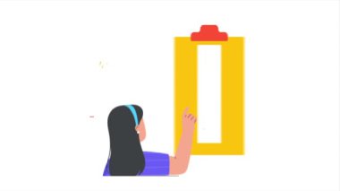 Ekonomi ve finans. Taşınan kadın finansal danışman veya muhasebeci şirket istatistiklerini, grafiklerini ve grafiklerini analiz eder. İş gelirleri ve kâr yönetimi. Çizgi film tarzında grafiksel animasyon