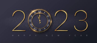 2023 mutlu yıllar. Arkaplan ya da afiş, altın numaralar, saat ve parıltı. Tebrik kartı veya web sitesi için zarif tasarım unsuru. Geri sayım, kış tatili. Gerçekçi 3B vektör illüstrasyonu