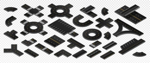 Set Isometric Road Elements Parts Highway Intersections Rings Parking Lots — Vector de stock