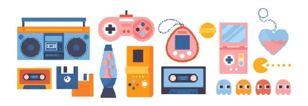 Set Retro Pixel Games Gadgets Simple Stickers Joystick Tamagotchi Tetris — Vettoriale Stock