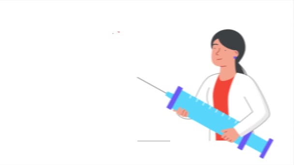 研究室の科学者 女性の生物学者または微生物学者は 感染に対するワクチンで注射器を保持します 医師はウイルスや細菌を研究し 治療法を開発しています フラットグラフィックアニメーション漫画 — ストック動画