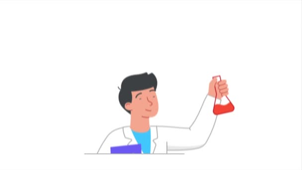 Vetenskapsman Laboratoriet Rörlig Manlig Kemist Håller Kolven Med Kemikalier Och — Stockvideo