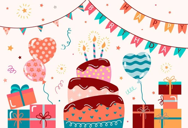 Birthday Items Set Cake Heart Shaped Balloons Flags Confetti Decorate — стоковый вектор