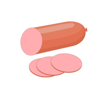 Sağlıklı gıda konsepti. Lezzetli tavuk, biftek ya da hindi soslu etiket ya da ikon. Dilimlenmiş jambon veya et ürünü. Lezzetli çerez. Çizgi film düz vektör çizimi beyaz arkaplanda izole edildi