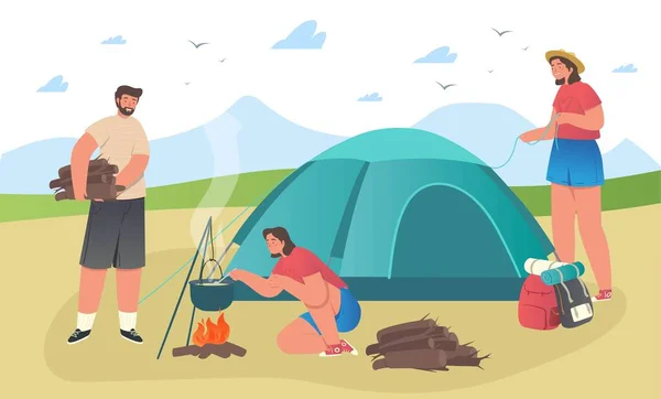 Man Women Camping People Tent Make Bonfire Poster Banner Website — Stock Vector