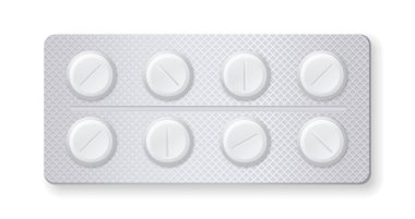 Realistic blisters set. Medical pills for treatment of diseases, contents of first aid kit. Sticker for social networks. Temperature control, preparation. Realistic isometric vector illustration