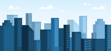 City landscape concept. Modern city with skyscrapers. Architecture and exterior. Poster or banner for website. Urbanization and structure. Corporate towers at night. Cartoon flat vector illustration