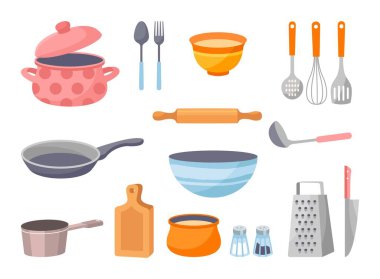 Set of Kitchen tools. Crockery and kitchen utensils for cooking. Stickers or icons set with saucepan, pan, knife, rolling pin, plate and spoons. Cartoon flat vector illustration in doodle style