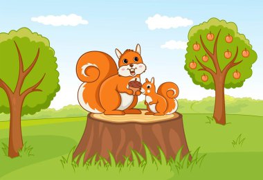 Cute squirrels at forest. Mom and child with nut, forest dwellers in clearing. Animals next to tree with apples. Poster or banner for website. Nature and fauna. Cartoon flat vector illustration