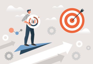 Concept of goal. Man on paper plane flies to target. Motivation and leadership, vision of future. Businessman planning and building strategy. Statistics and analytics. Cartoon flat vector illustration