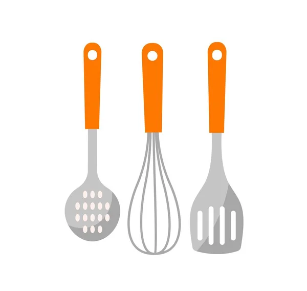 Kitchen Tools Icons Stickers Metal Steel Colander Whisk Spatula Kitchen — Stock Vector