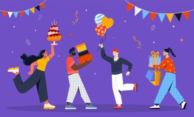 Happy birthday concept. Men and women with gifts and balloons on background of confetti. Disco and party characters. Holiday, festive, event and entertainment. Cartoon flat vector illustration