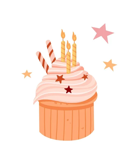 Happy Birthday Cupcake Sweets Confectionery Product Bright Candles Graphic Elements — ストックベクタ