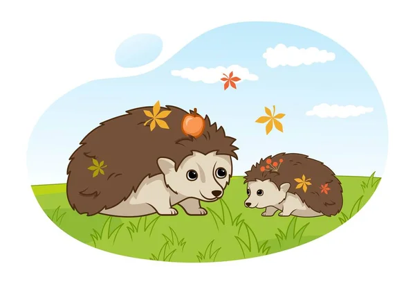 Hedgehogs Field Mother Children Nature Forest Dwellers Leaves Apples Nature — Vetor de Stock