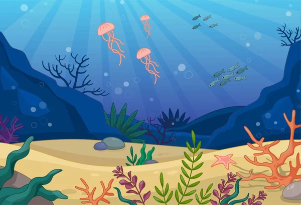 Sea Life Concept Representatives Underwater World Jellyfish Bottom Swim Corals — Archivo Imágenes Vectoriales