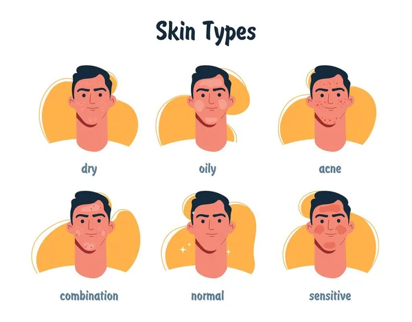 Skin Types Man Set Collection Icons Designation Diseases Cosmetic Skin —  Vetores de Stock