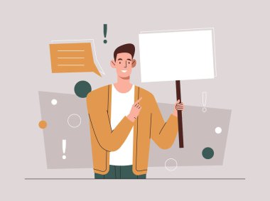 Businessman with banner. Young guy holding table or placard, place for text and product advertising. Poster or banner for website, model for decorating pages. Cartoon flat vector illustration