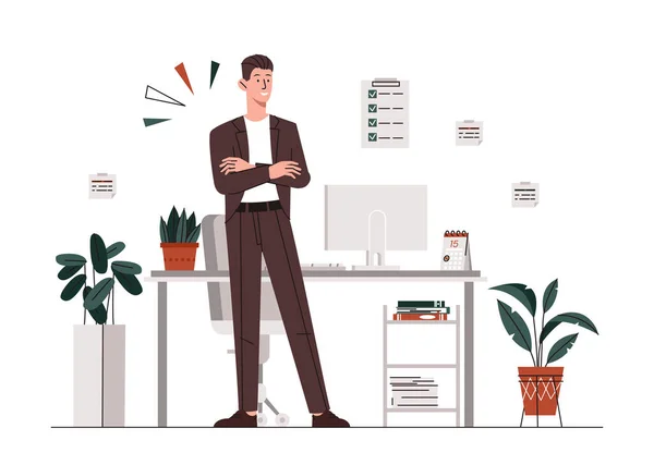 Businessman Office Man Gets Acquainted Schedule Organizes Work Pensive Character — 图库矢量图片