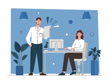 Coworking space concept. Man and girl working on same project, partnership and colleagues. Brainstorming and discussion. Working process and hardworking employees. Cartoon flat vector illustration