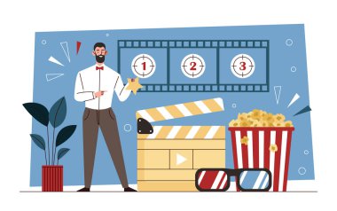 Critic with popcorn. Man evaluates films, character watches movie in cinema to write review. Popular personality forms his opinion, art critic or talented director. Cartoon flat vector illustration