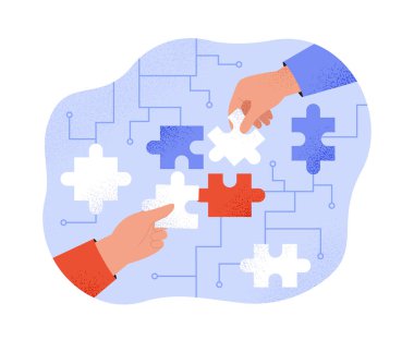 Soft skills concept. Hands put together puzzles, partnership and teamwork. Creative characters overcome mental impasse, creative personalities and brainstorming. Cartoon flat vector illustration